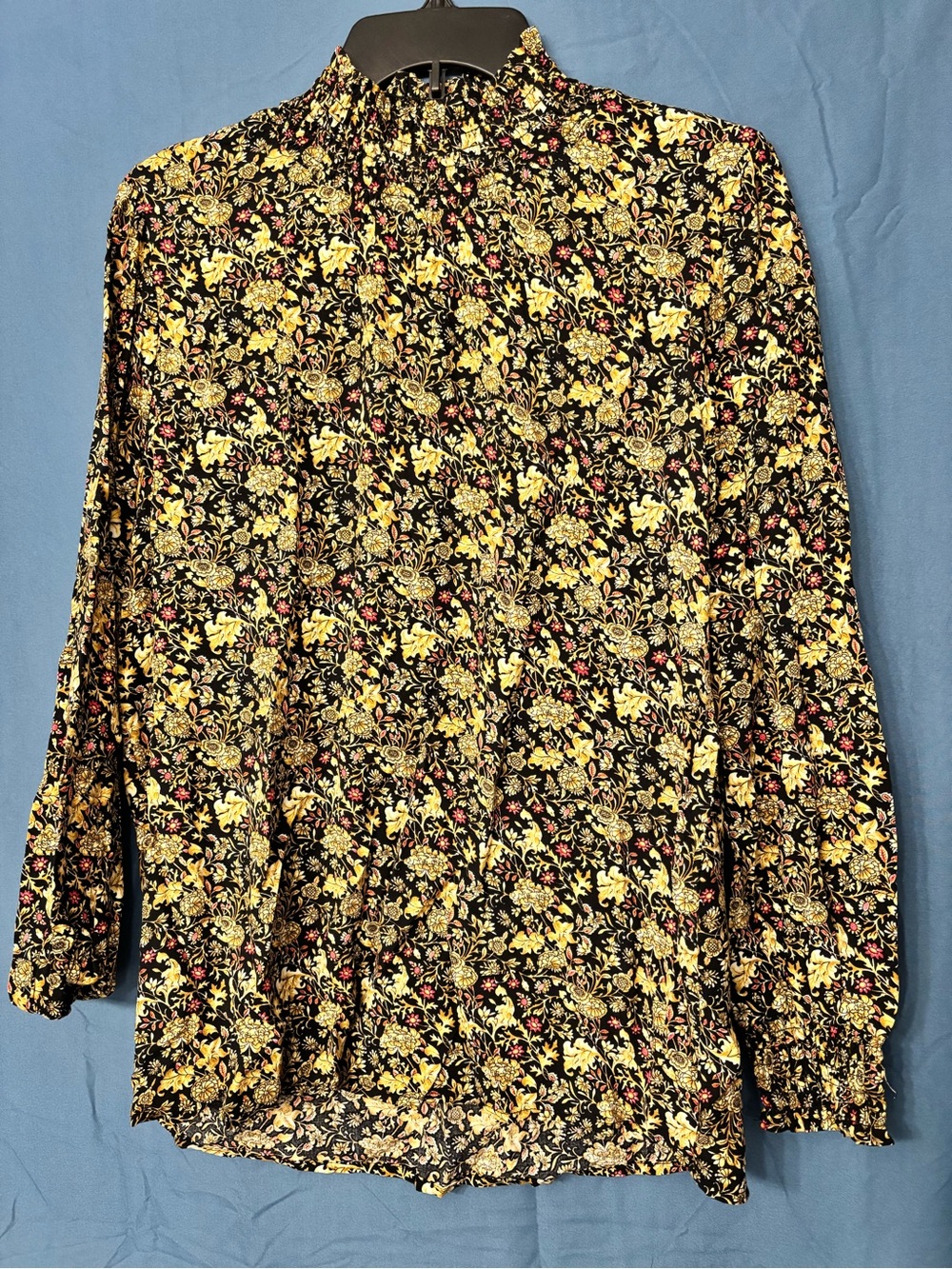 Black Floral Mock Neck Long-Sleeve Blouse